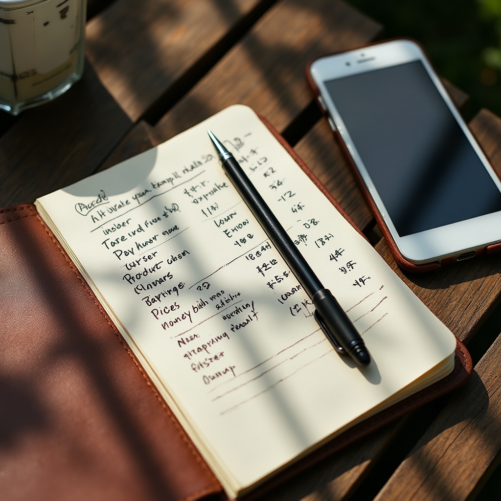 Cuaderno con notas manuscritas comparando precios de varios productos