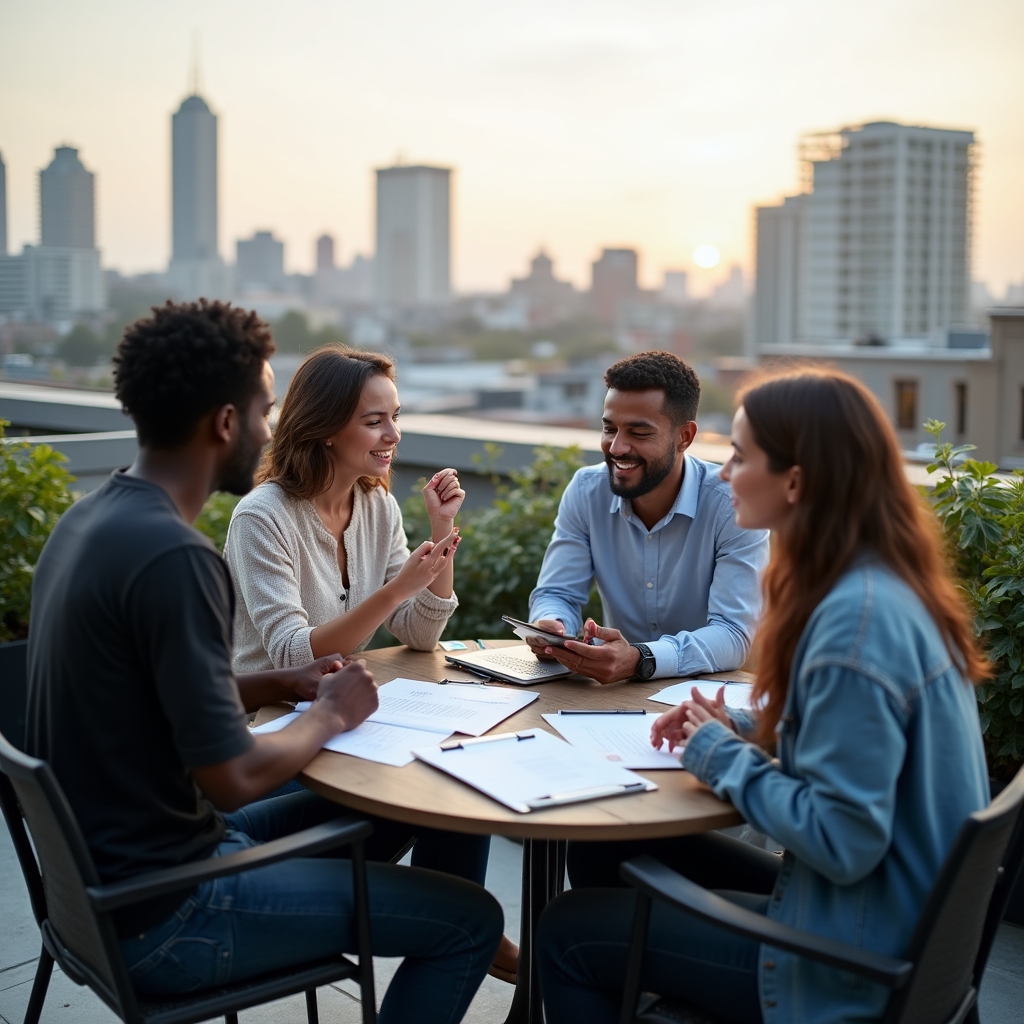 Grupo debatiendo un caso real de compra sobre una mesa al aire libre