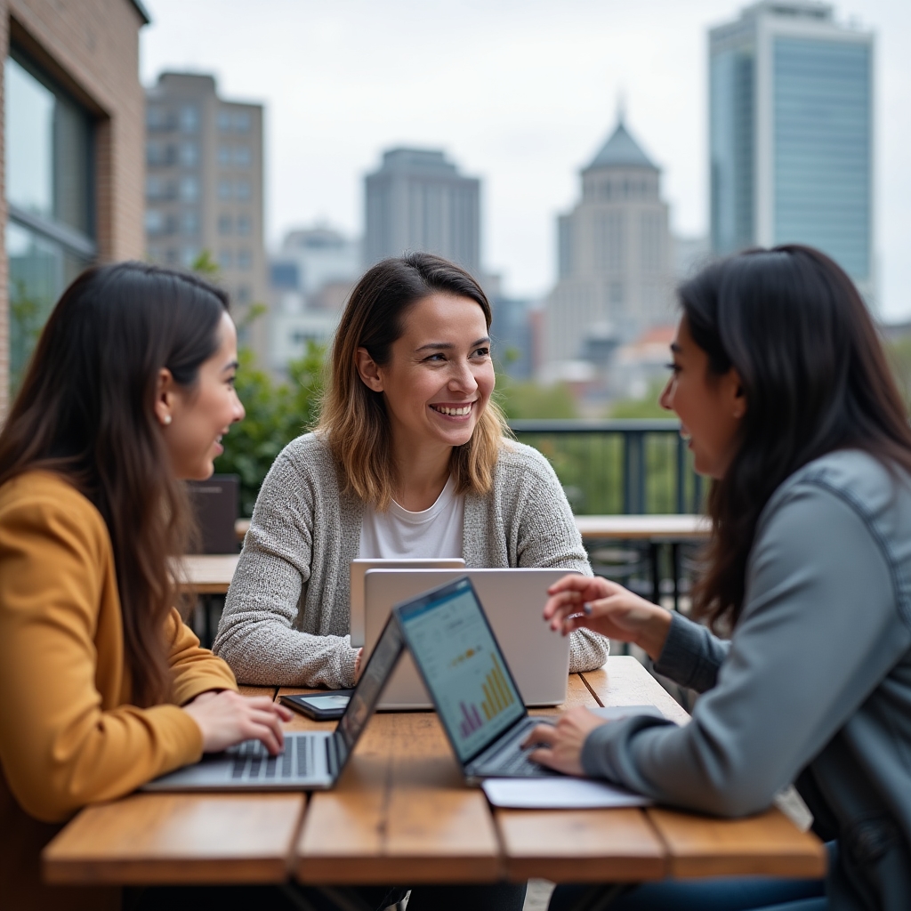Grupo de personas en una sesión online revisando reseñas de productos en sus portátiles