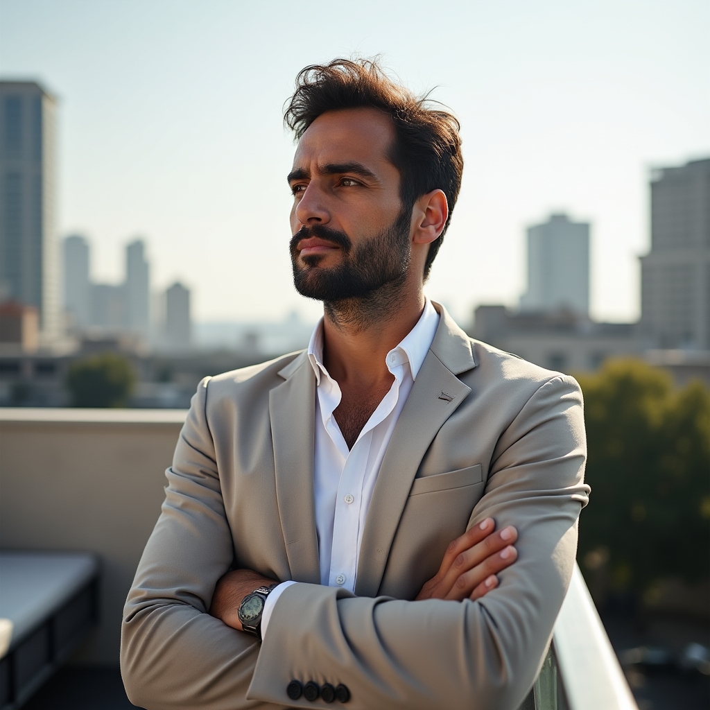 Retrato de un consultor revisando material de análisis de compras en una terraza